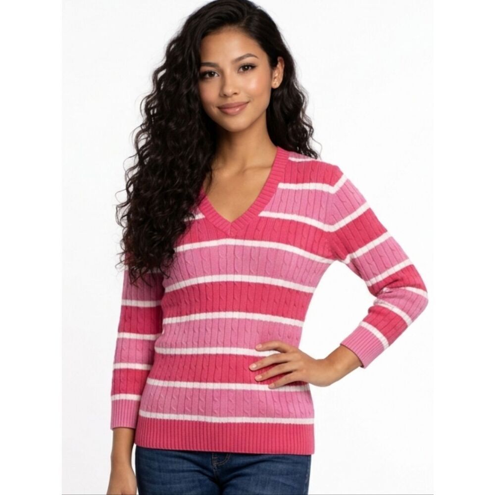 Jeanne Pierre Pink Striped V-neck Cable Knit 3/4 Sleeve Sweater Size M